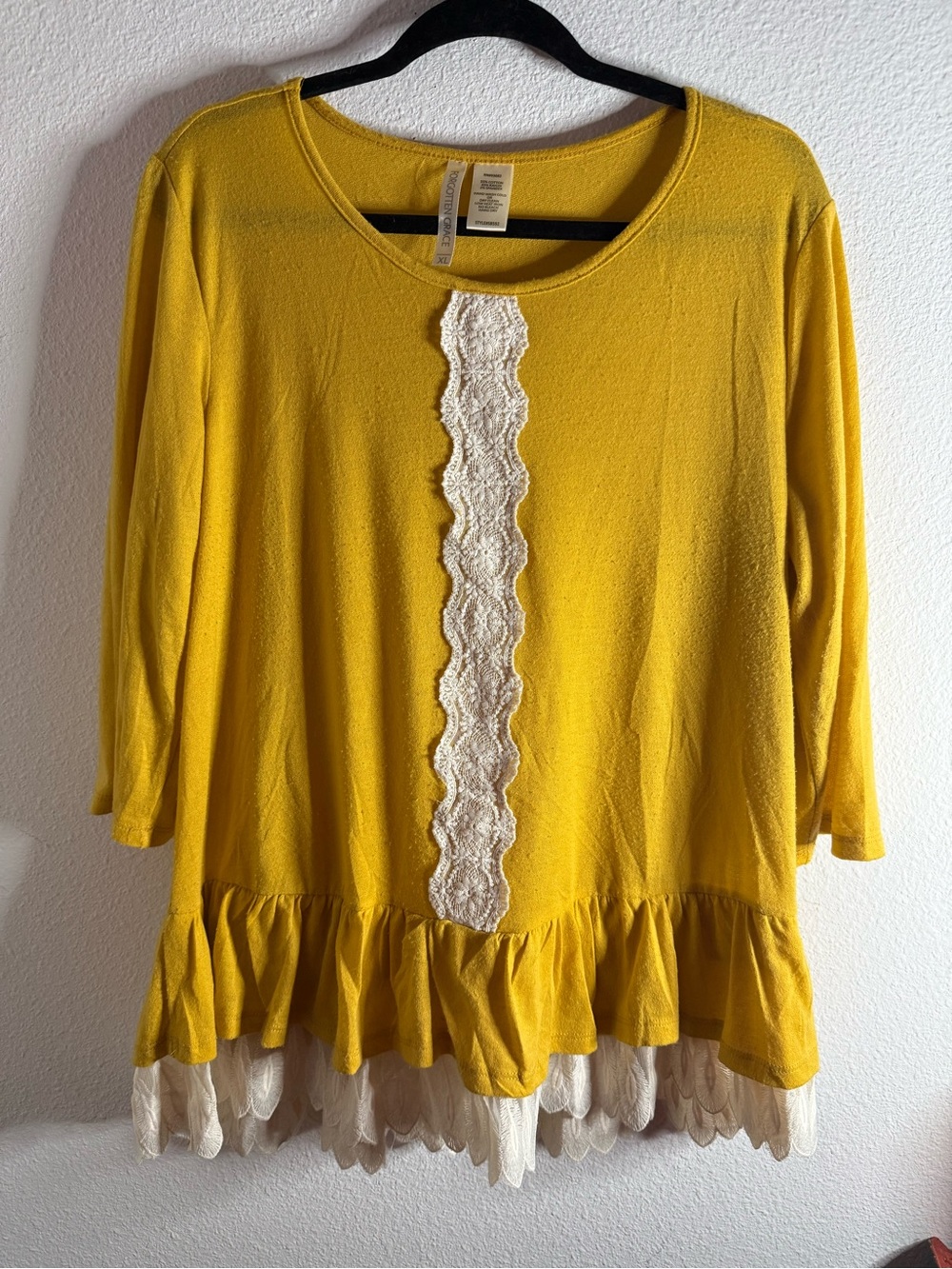 Forgotten Grace Yellow Crochet Lace Ruffle Peplum Top XL Boho - Picture 2 of 7